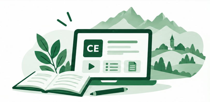 Ordinateur de cours en ligne devant les Pyrénées ariégeoises, avec un livre ouvert et un crayon
